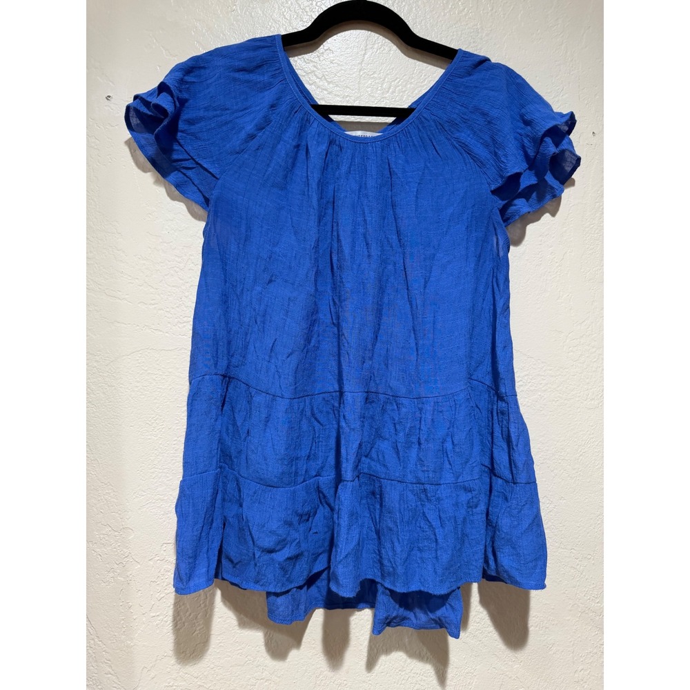 Counterparts Womens Royal Blue Flutter Sleeve Tiered Babydoll Crinkle‎ Top Large